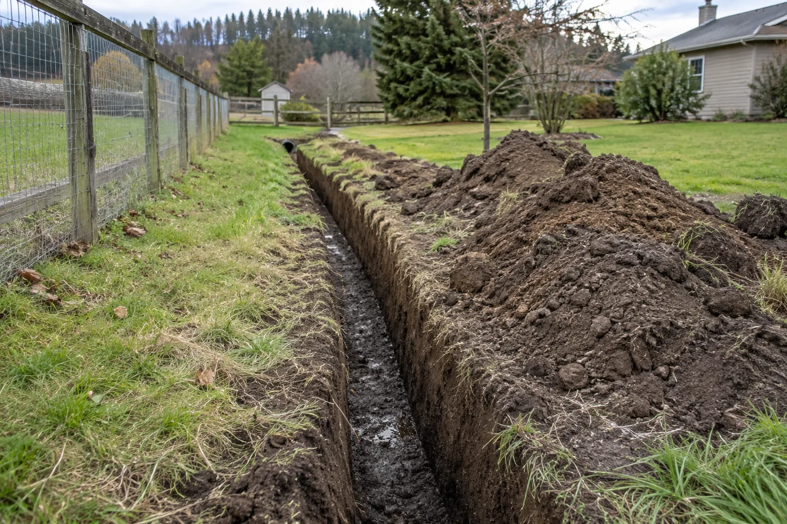 Freshly excavated drainage ditch with clean soil edges