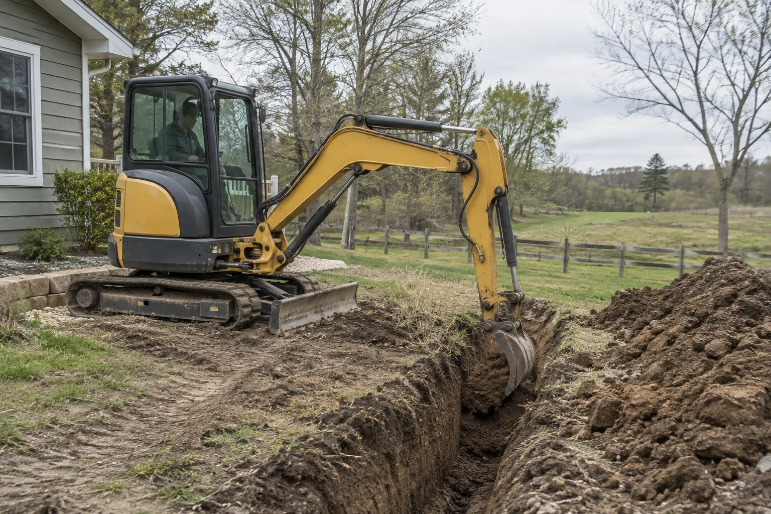 Mini excavator digging a trench on a rural property
